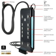 GE Surge Protector Power Strip with USB Ports, 8 Ft Long Extension Cord, 4320 Joules, 12 Outlet Extender (Wide Spaced), 2 USB-A, Flat Plug, Black