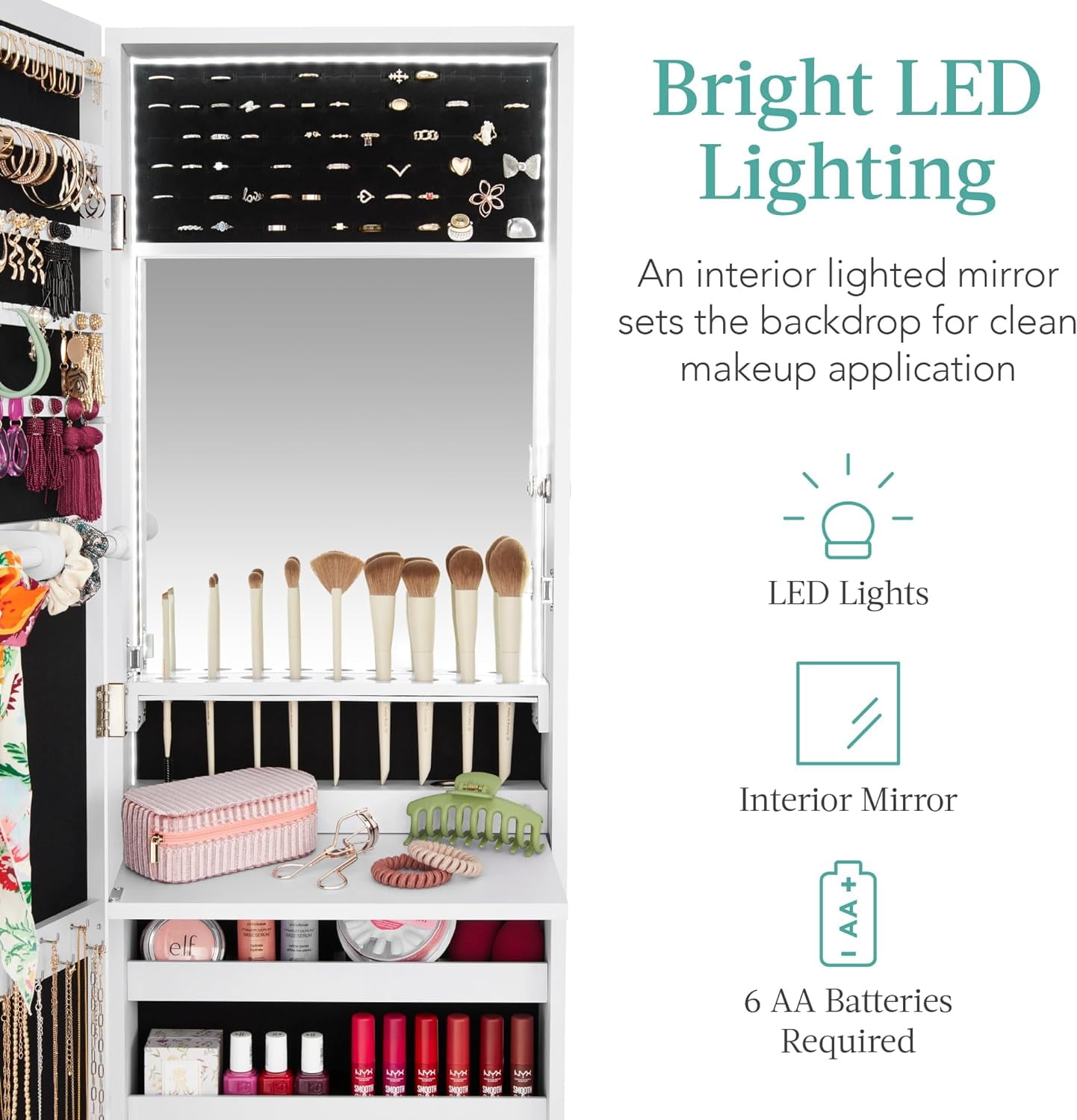 JIANYI LED Mirror Jewelry Cabinet, Tall Lockable Wall or Door Mounted Jewelry Armoire Organizer with Mirror, 2 Drawers, Lock, Cosmetic Tray, Shelves - White