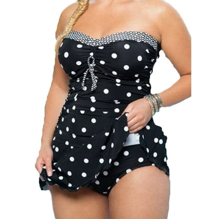 Women Plus Size Polka Dot Tankini Swimwear Swim Dress Bikini Bathing (Best Swimsuit For Apple Shaped Plus Size)