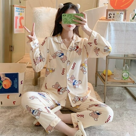

CoCopeaunt Autumn New Style Pajamas Womens Long-sleeved Trousers Two-piece Loose Casual Home Wear Womens Cotton Pajamas Sleep Tops