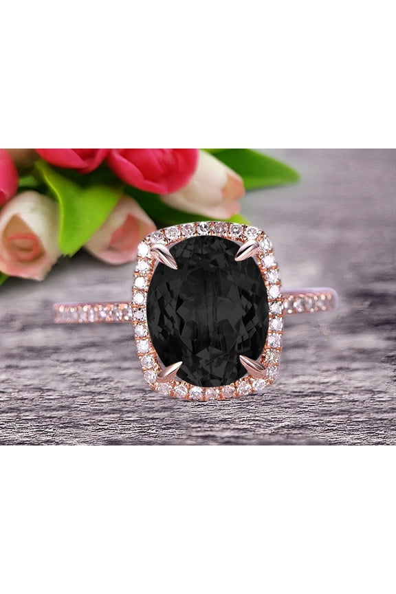 2 Carat Big Oval Shape Black Diamond Moissanite Engagement Ring Wedding Ring in 10k Rose Gold Halo Design Art Deco Personalized for Brides