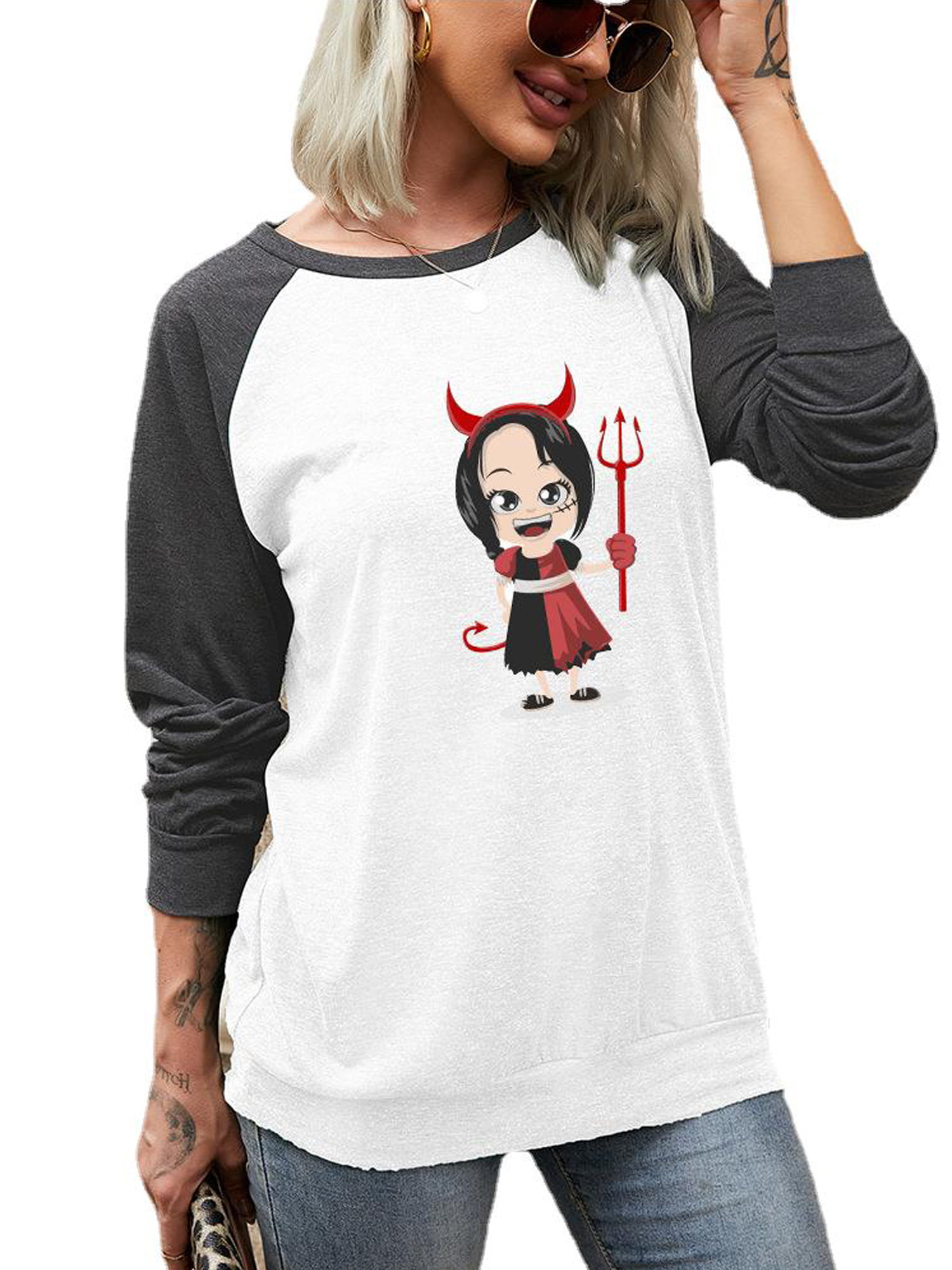 Clearance Womens Halloween Pumpkin Devil Print Long Sleeve Fashion Tops Blouse Shirt 