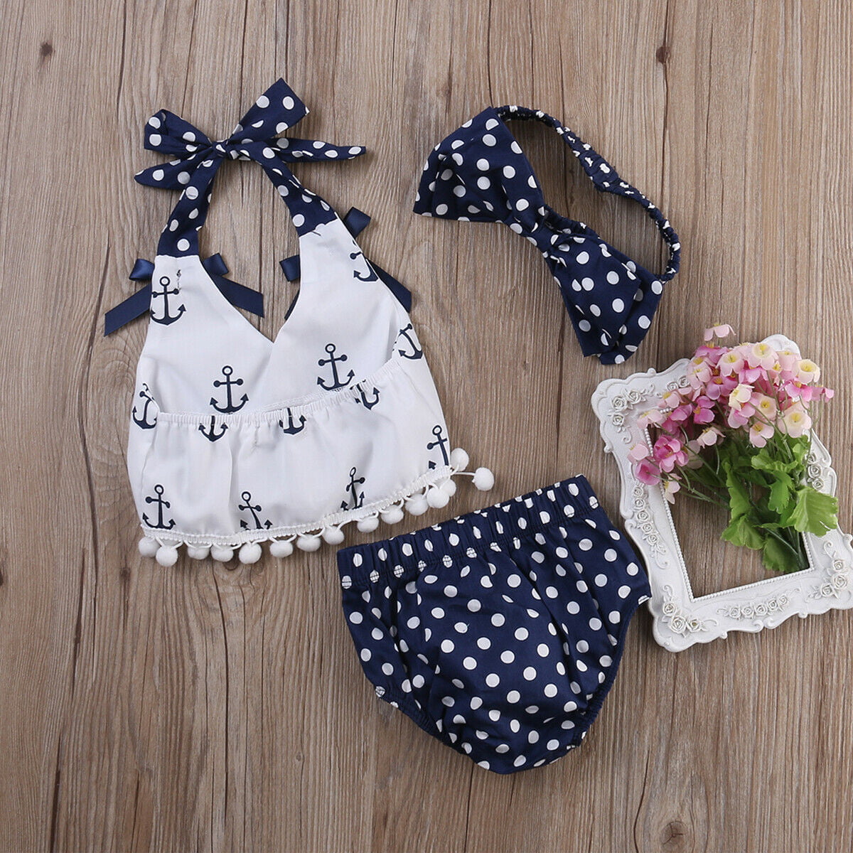 Summer Baby Girls Anchor Tops+Polka Dot Briefs Shorts 3pcs Outfits Set Beachwear