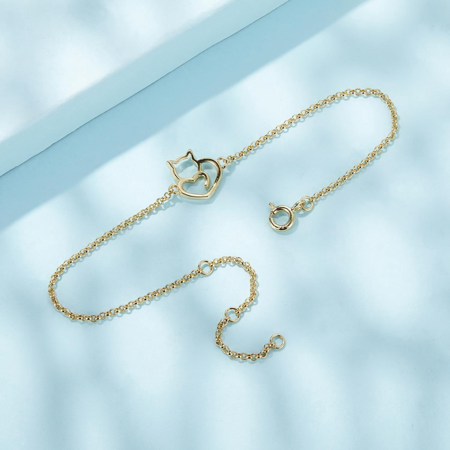 925 Sterling Silver Chain Bracelet with Cat Love Heart Charm Adjustable Plated Gold Bracelets with Chain Length 6.5in-7.9in, Best Jewelry Gift for Girls Women Cat Lovers