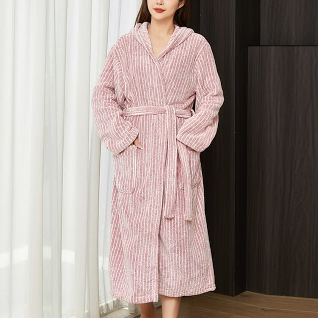 LSLJS Long Peignoir de Bain pour Femmes en Molleton Peluche Doux Peignoir Nuisette Pyjama pour Dames Tenue de Nuit Robe de Chambre