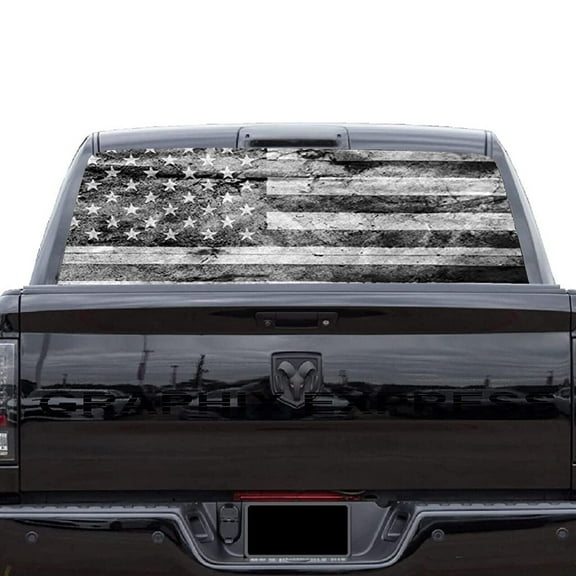 Rear Window Gray American Flag See Through Decal Wrap 65''*17'' Back Window For Pickup
