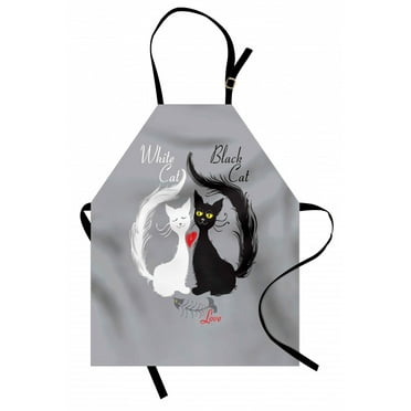 Cat Apron Pair of Cats in Love Having Eaten Fish Red Heart Romantic Black and White Kitties, Unisex Kitchen Bib Apron with Adjustable Neck for Cooking Baking Gardening, Black White Grey, by Ambesonne