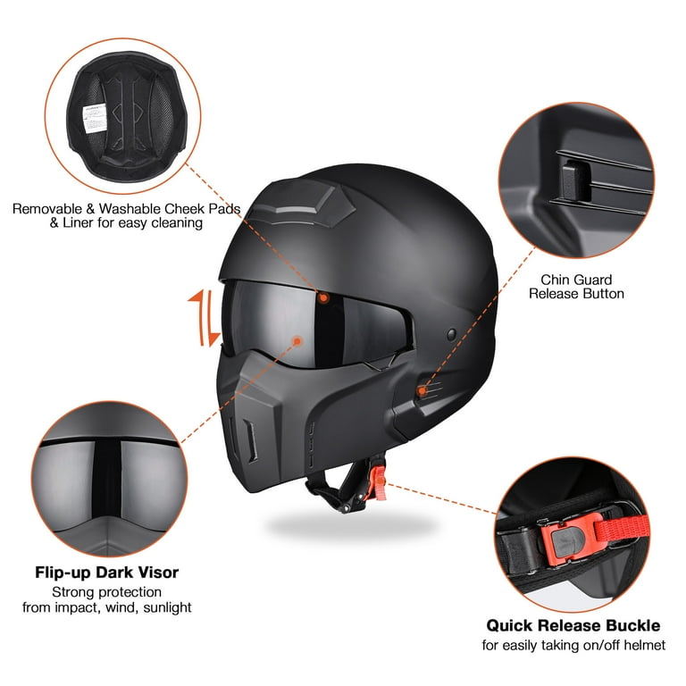 AHR Motorcycle Helmet Open Face w/ Detachable Chin Guard Visor DOT
