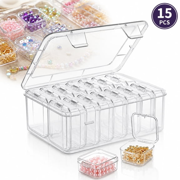 Deally Small Bead Organizers, 15 Pieces Plastic Storage Cases Mini Clear Bead Storage Containers Transparent Boxes with Hinged Lid and Rectangle Clear Craft Supply Case