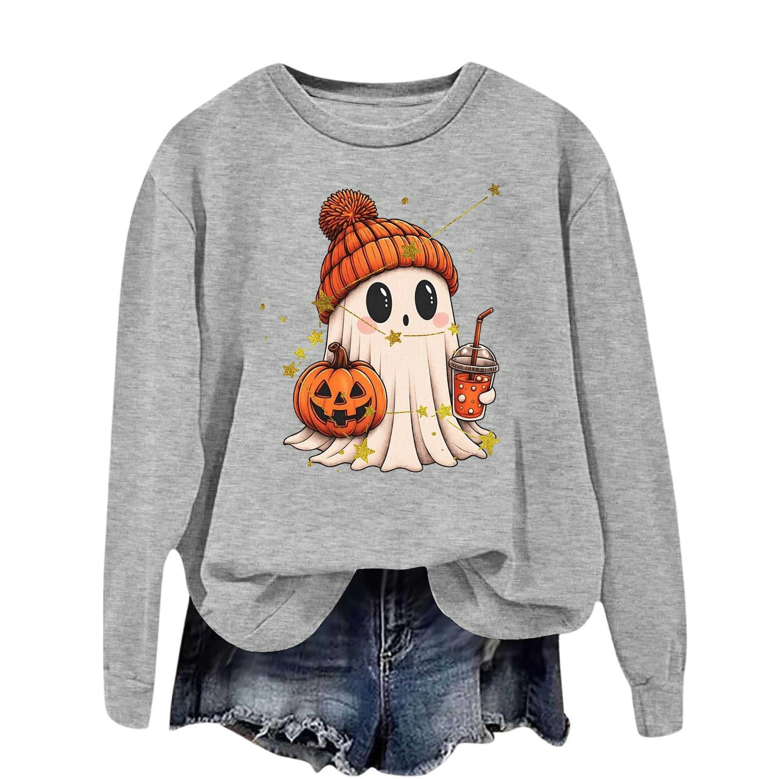 WHEANG Crew Neck Sweatshirts Women Men Halloween Graphic Long Sleeve Pullover Cute Ghost Wearing Hat Holding Coke & Pumpkin Print Casual No Hood Top Halloween Festival Outfits Gray 2XL