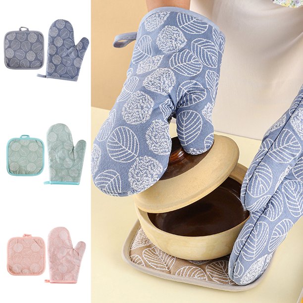 Juego de guantes de horno aislados engrosados y agarraderas - poliéster resistente al calor, verde/rosa/azul, 10,2x4,7 pulgadas, protege manos y encimeras