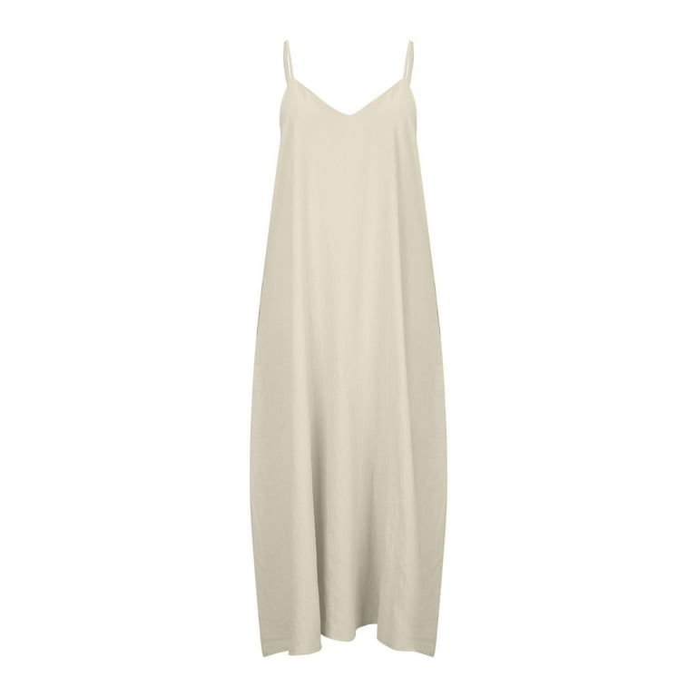 Maxi Dress for Women V Neck Spaghetti Strap Cotton Linen Slip Dress Solid  Sleeveless Casual Loose Summer Long Dress - Walmart.com