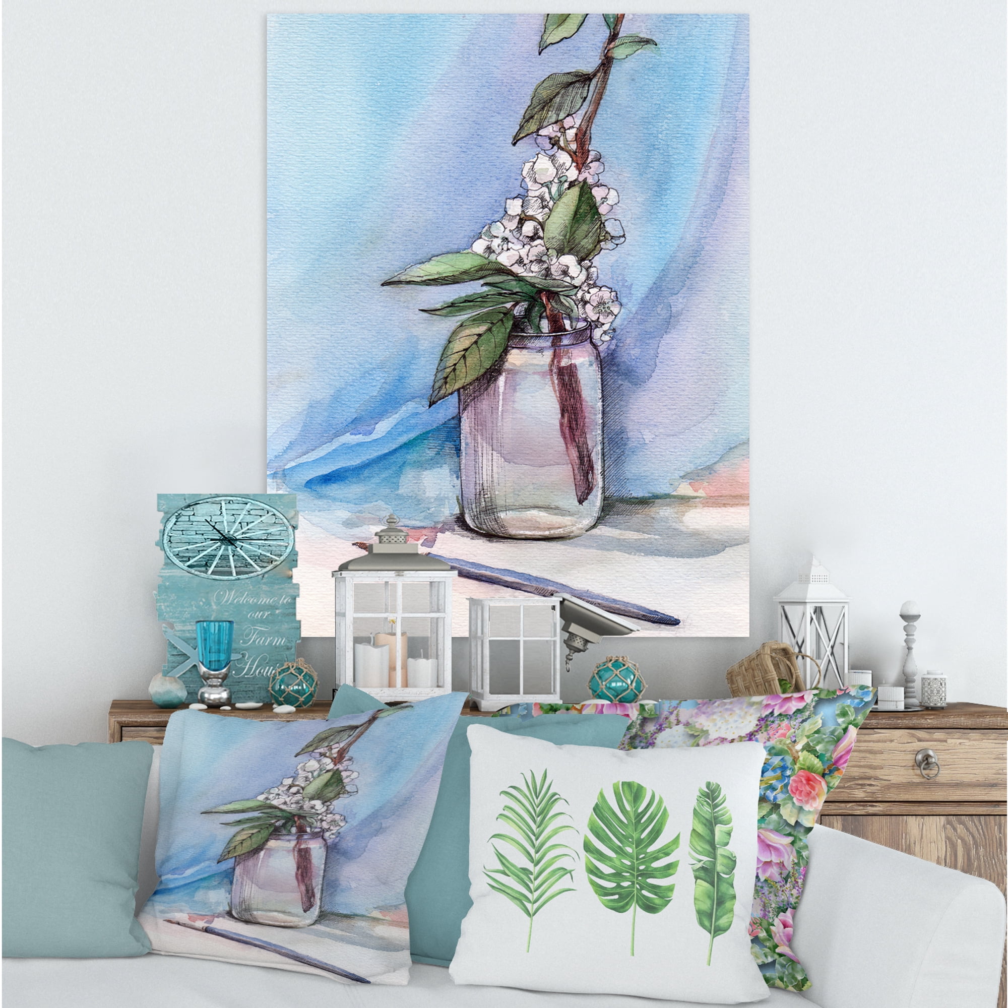 Designart ' Cherry Blossom Flowers In Glass Jar ' Farmhouse Canvas Wall Art Print