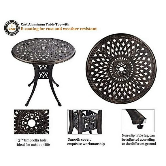 Grepatio 31" Patio Dining Table, Cast Aluminum Outdoor Bistro Table with Umbrella Hole Round Conversation Table, Antique Bronze