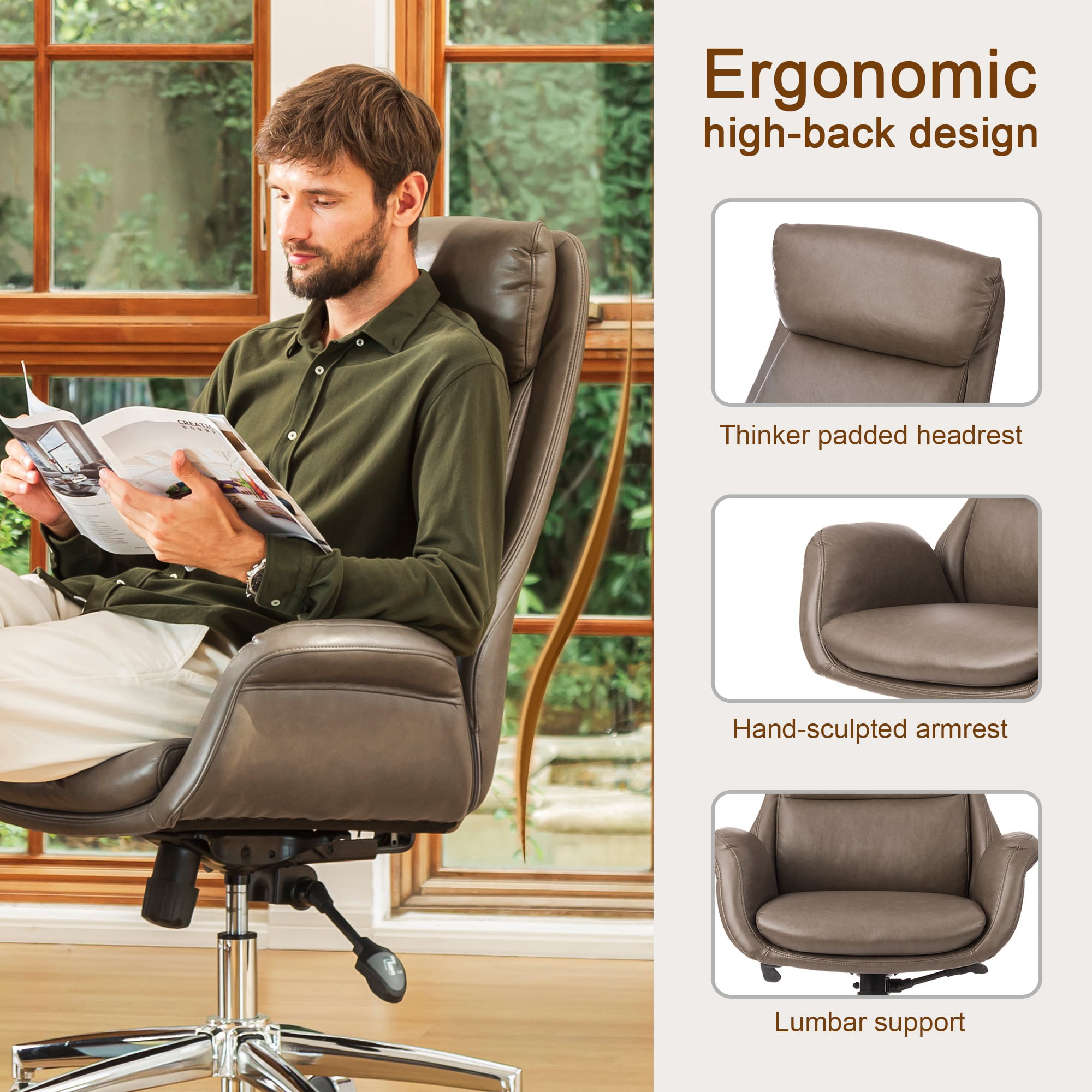 ワイヤレスイヤホン glitzhome Modern Office Computer Desk Chair， Home Executive  High-Back Chair PU Leather Adjustable Upholstered Swivel Task with  Armrest(Br