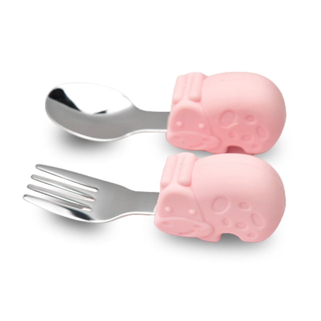 Vajilla de acero inoxidable con mango corto - Cucharón auxiliar infantil de silicona para comida
