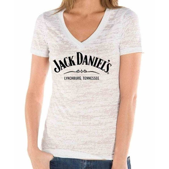Jack Daniels Women's V Neck JD SS Black Label Burnout T-Shirt - White (XL)