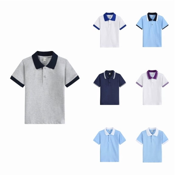 Ticikt Kids Solid Short Sleeve Polo Shirts, Boys Contrast Collar School Uniform Casual Tops,Grey