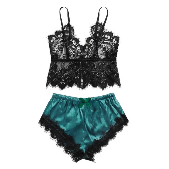 Lindreshi Lingerie Sets for Women 2pc Set Lace Lingerie Silk Underwear Sleepwear Underwear Pajamas Satin