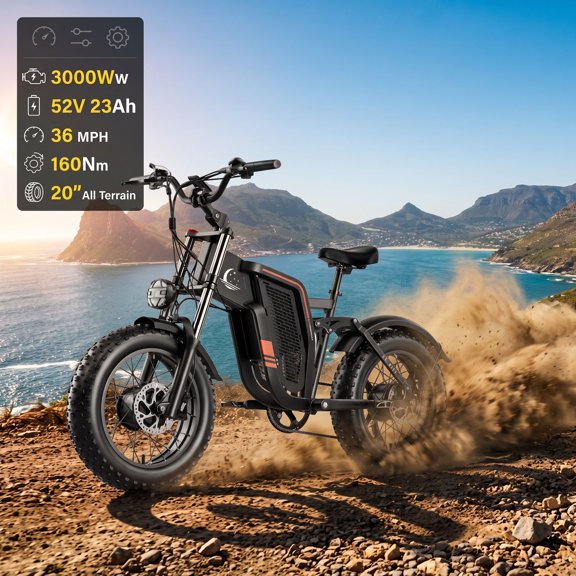 Seemoon Ebike 3000W Dual Motor 52V 23Ah 36 MPH 35-105 Miles 160Nm 35-40 Deg Climb 20 Inch Fat Tire Full Suspension Hydraulic Brakes for Adults