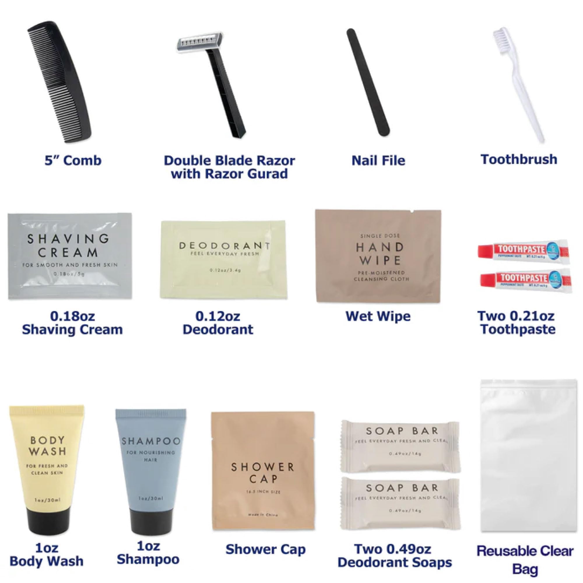 50 Pack of Bulk Wholesale 15 Piece Travel Size Hygiene Toiletry Kits Containing Shampoo, Body Wash, Deodorant, Bar Soap, Toothbrush, Toothpaste, Cleansing Wipe, Hair Comb, Shaving Cream & More!