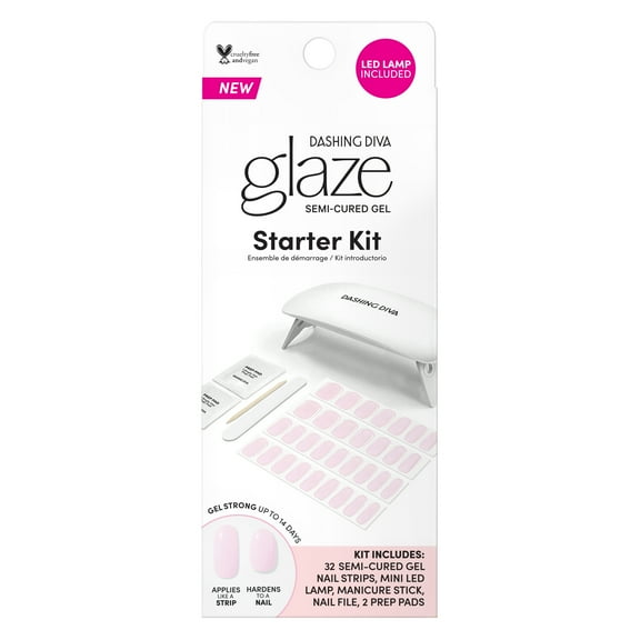 Dashing Diva GLAZE, Starter Kit, Semi-Cured Gel Nail Polish Strips, Powder Pink, Includes 32 Strips and LED Lamp