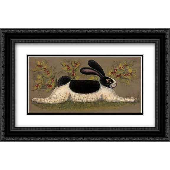 Green Folk Bunny 2x Matted 20x12 Black Ornate Framed Art Print by Lisa Hilliker