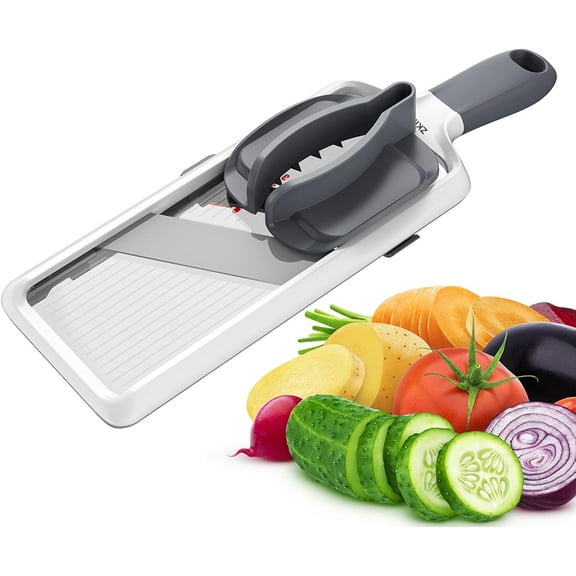 Handheld Mandoline Slicer for Kitchen - Adjustable 3-Thickness Vegetable Slicer (1mm-3mm) with Food Holder - Safe Potato Slicer & Cucumber Cutter for Salad, Easy to Clean (Gray)