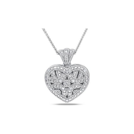 Diamond Locket Pendant Necklace 1/20 Carat (ctw) Accent Diamond Locket Heart Pendant In Sterling Silver with Chain ()