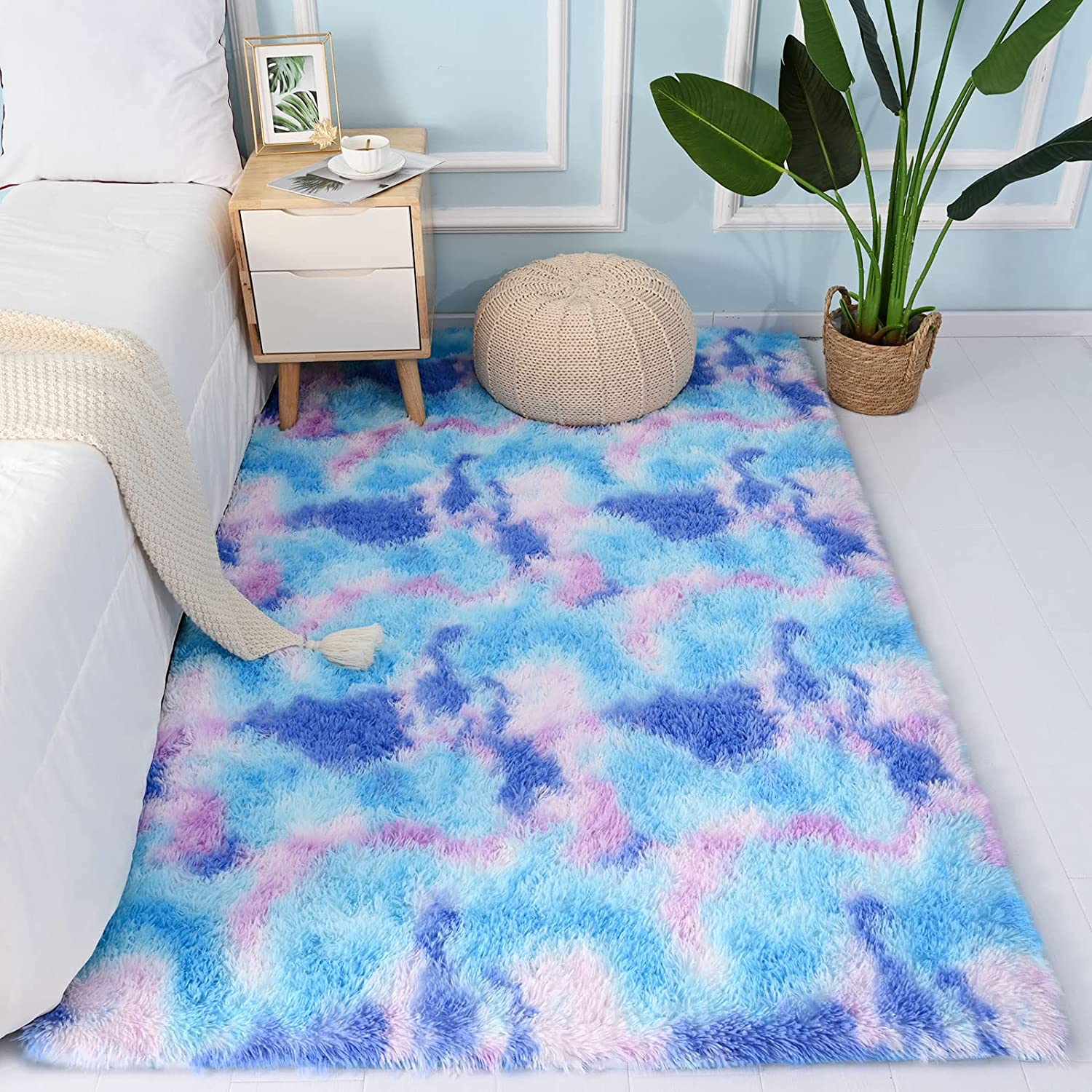 Lochas Soft Fluffy Rainbow Rugs Shaggy Colorful Carpet Plush Area Rug for Living Room Bedroom Nursery Kids Girls Playroom Rugs Home Decor Mat,3'x5', Purple&Blue