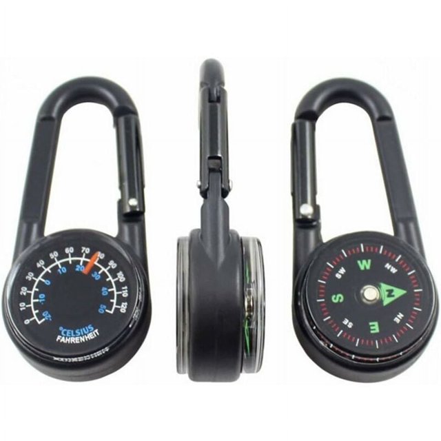 Brújula con mosquetón + Brújula + Termómetro Brújula de metal portátil multifuncional, profesional 3 en 1 (negro)