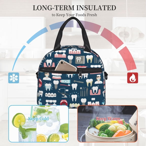 Ratiio Dental Pattern Lunch Bag ,Insulated Lunch Box, Small Leakproof Cooler Food Lunch Containers Reusable High Capacity Lunch Tote Bags