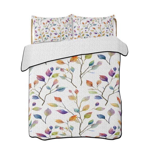 Twin XL Quilt Bedding Set, Colorful Leaves Reversible Summer Quilt 3 Pieces, Farmhouse Branches Botanical Lightweight Bedspreads Coverlets with 2 Pillow Shams for All Seasons