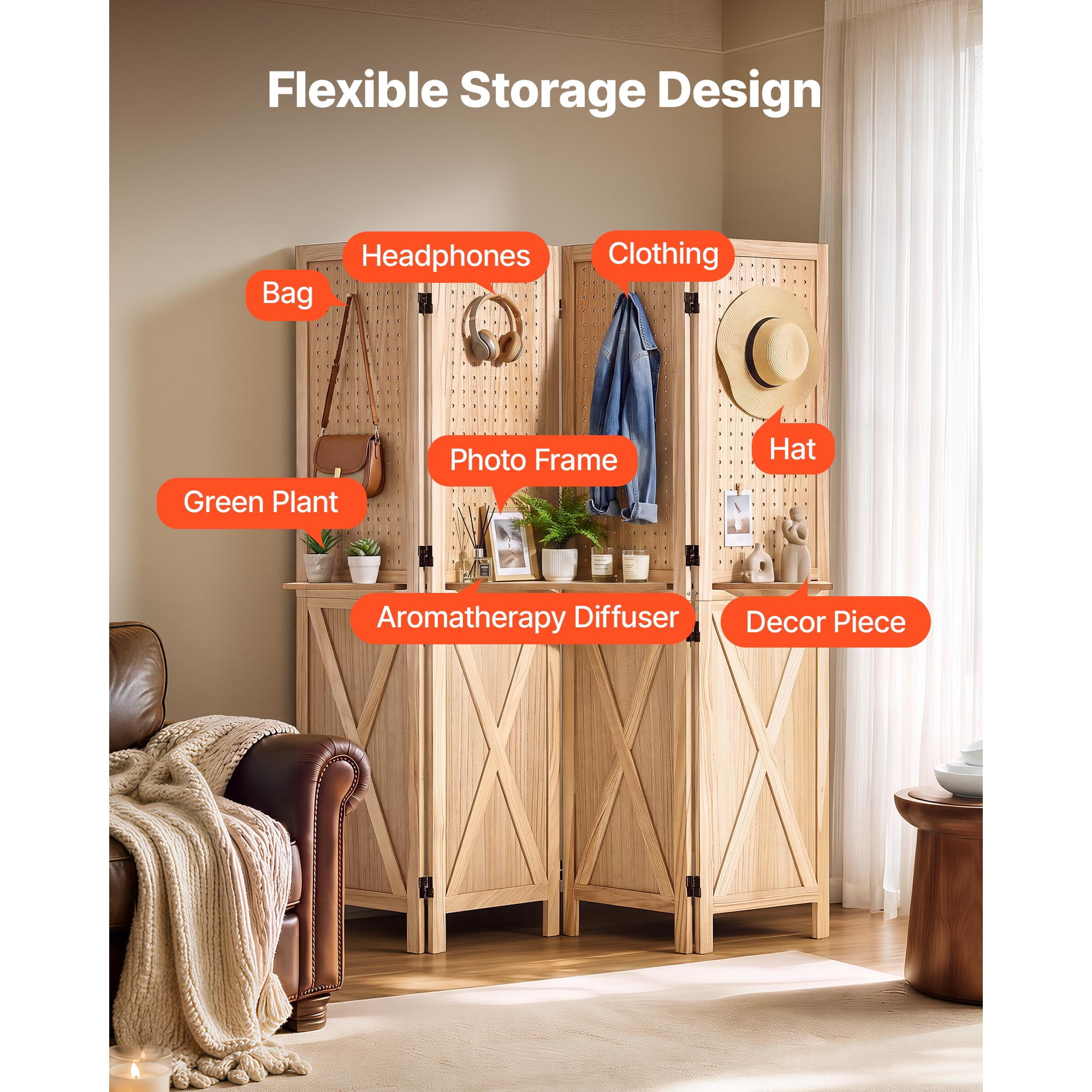 KFFKFF Wooden Room Divider Pegboard Folding Privacy Screen with Shelves, Ideal for Room Separation and Home Decoration, 4 Panels, Sturdy Frame with X Design, 360° Dual-Directional Hinges
