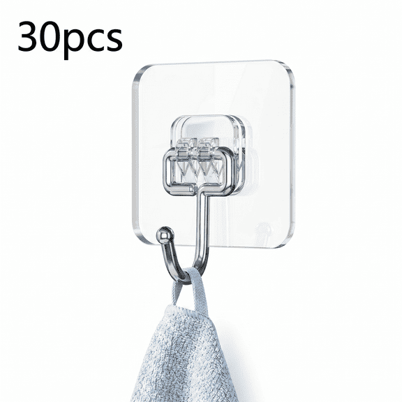 ROSEXIXI Adhesive Hooks 30 Pcs Large 2.8in*2.8in  For Hanging Clear Waterproof Wall Hangers Without Nails Damage Free Stick On Steel Hangers For Kitchen Bathroom Dormitory Organization