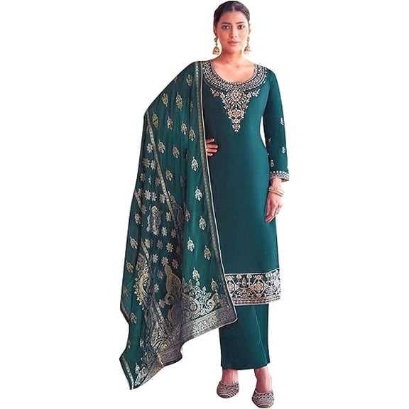 Stitched Indian Pakistani Designer Embroidery Work Shalwar Kameez Palazzo Pant Suits for Women ( Teal Blue, XL - 44 )