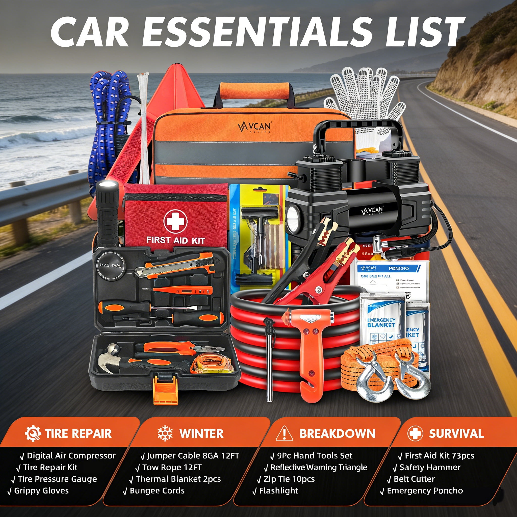 112PCS Comprehensive Car Emergency Kit with Jumper Cables, Portable Air Compressor & First Aid Kit