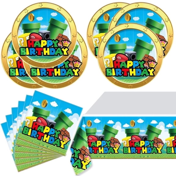 Party Tableware, 20 Plates and 20 Napkins and Tablecloth71 '' x 42 ''Super Bros Birthday Party Decorate Supplies