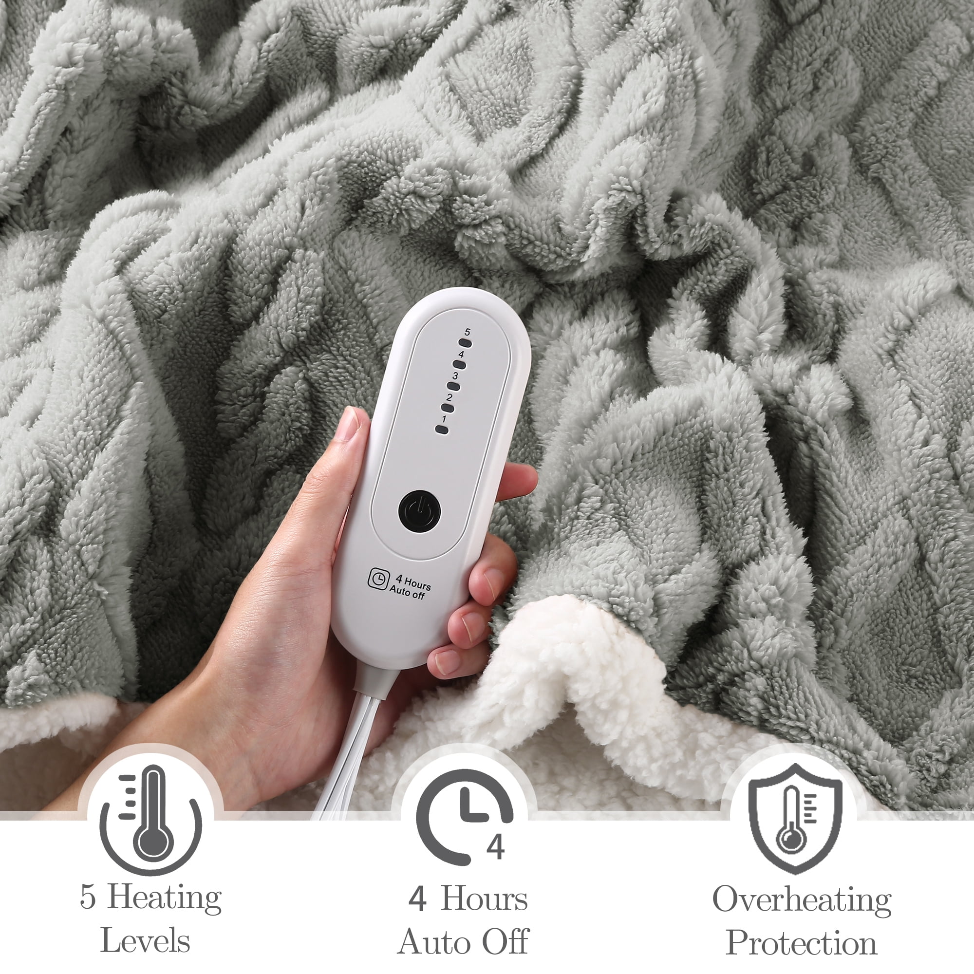 TRUSTWARMTH Electric Heated Blanket Throw 50"×60", Electric Throw Blanket with 5 Heating Levels & 4 Hours Auto Off, Ultra Soft Jacquard Shaggy Sherpa, Machine Washable, Gray