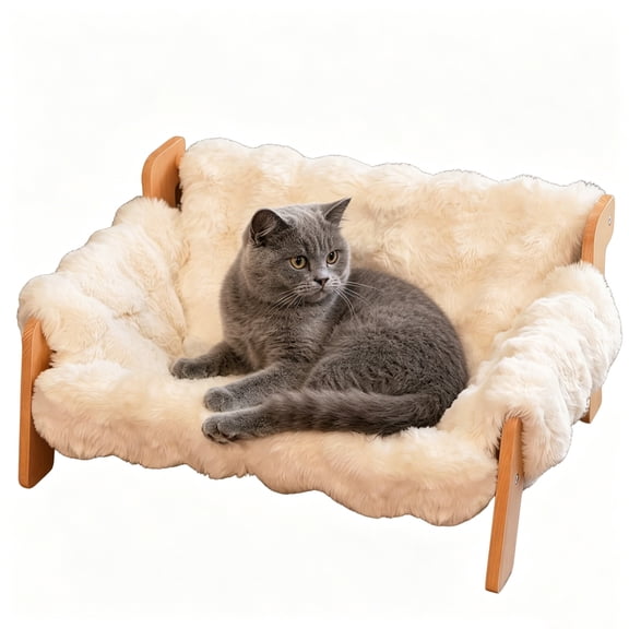 Petyoung Elevated Cat Couch Bed for Indoor, Wooden Cat Sofa with Removable Washable Fluffy Cover Raised Kitty Lounge Chair Suitable for Puppy