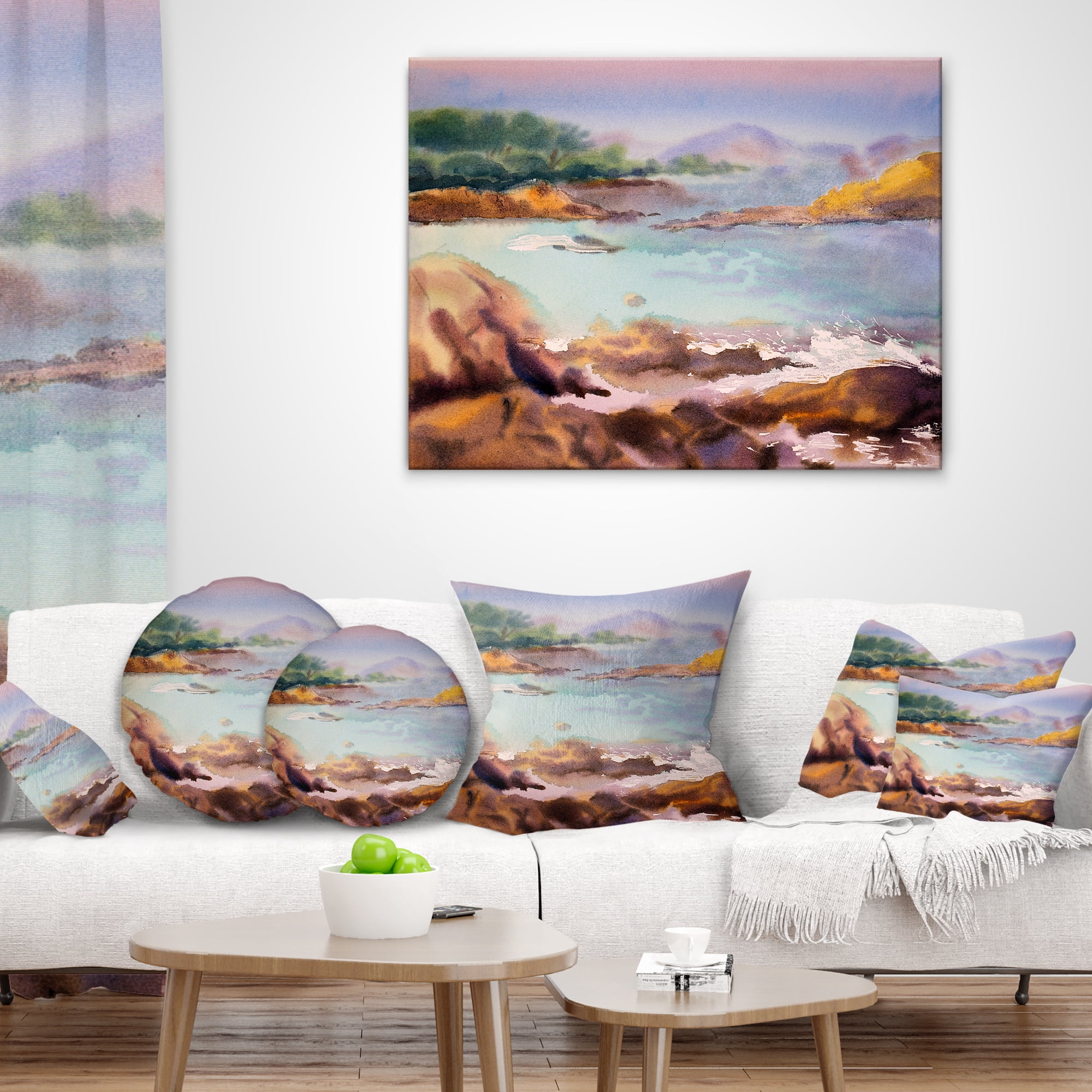 Designart Tranquil Watercolor Waters - Seascape Throw Pillow - 16x16