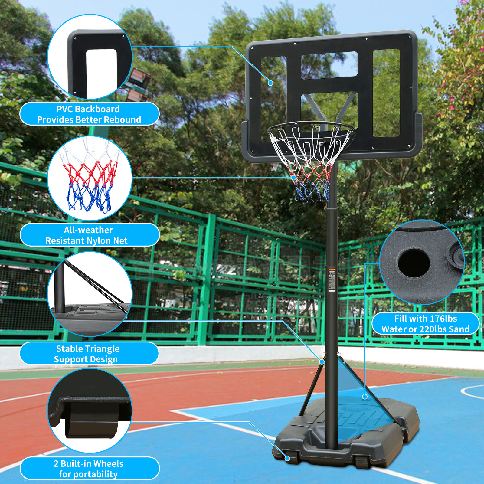 Basketball Hoop Portable Basketball Hoop Height Adjustable basketball hoop stand 6.5ft - 10ft with 44 Inch Backboard and Wheels for Adults Teens Outdoor Indoor,Basketball Goal