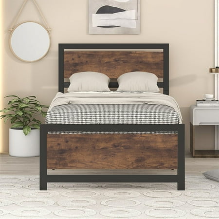 Bellemave Industrial Twin Metal Bed Frame, Metal Platform Bed with Wood Headboard and Footboard, Rustic Brown