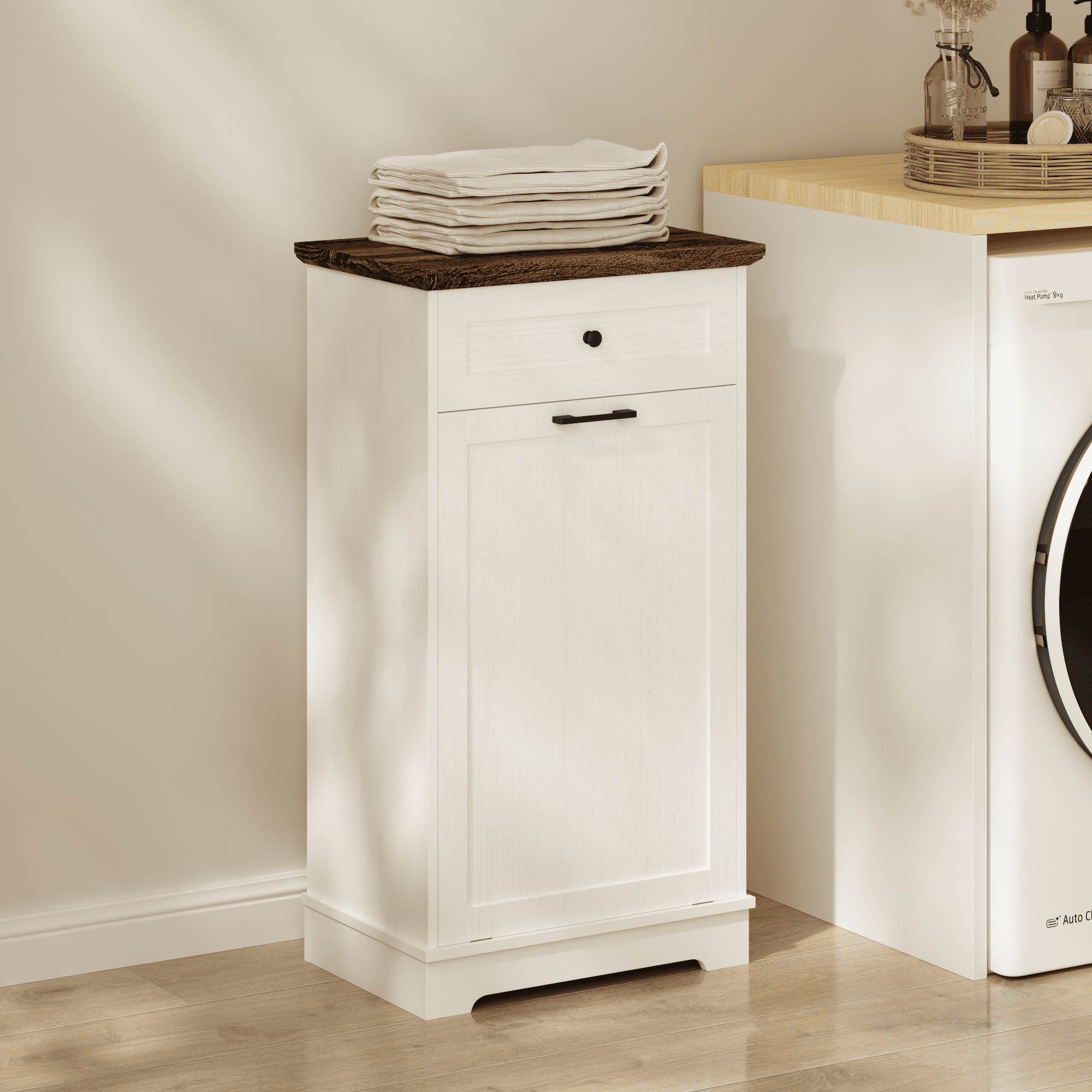 Tilt Out Trash Cabinet with Drawer, Freestanding Wood Garbage Recycling Cabinet for Kitchen, Antique Brown+White