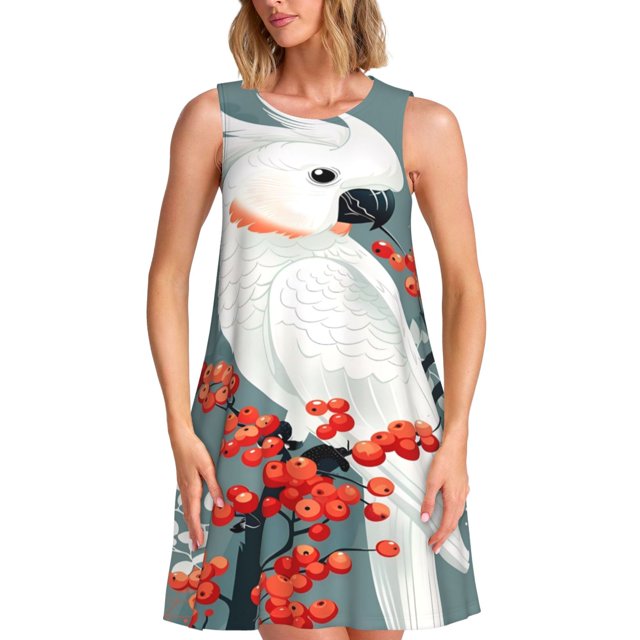 Balery Cockatoo Red Berries Vestidos de verano para mujer con estampado: vestido holgado sin mangas, vestido playero informal y cómodo para días calurosos.
