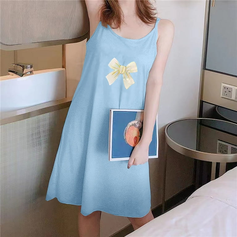 Alllist Summer Ladies Nightgown Sleeveless Sleep Dresses Blue Breathable Bow Print Night Clothes Women Pajamas, Women's, Size: 4,6,8,10,12,14,16,18,20