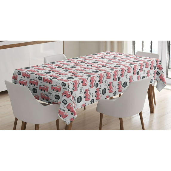 Vintage Trucks Tablecloth, Themed Pattern of Cartoon Style Pastel Tone Vehicle Art, Rectangle Satin Table Cover Accent for Dining Room and Kitchen, 52" X 70", Pastel Pink Dark Grey, by Ambesonne