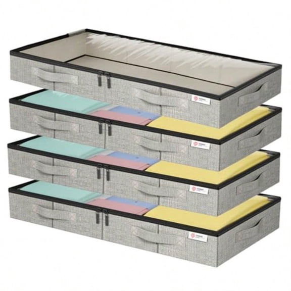 4.5 Inches Under Bed Storage Containers with Sturdy Sidewalls/Bottom and Reinforced Handles Low Profile Underbed Storage for Clothhoes Pillows and Blankets with Zips and Clear Windows 4 Pack