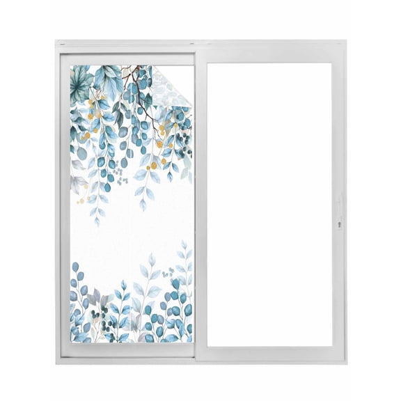 Blue Eucalyptus Leaves Window Privacy Film, Farmhouse Watercolor Floral Static Cling UV Sun Blocking Tint Film Heat Control Windows Films for Bedroom Bathroom, Window Stickers 17.7"x39.3"