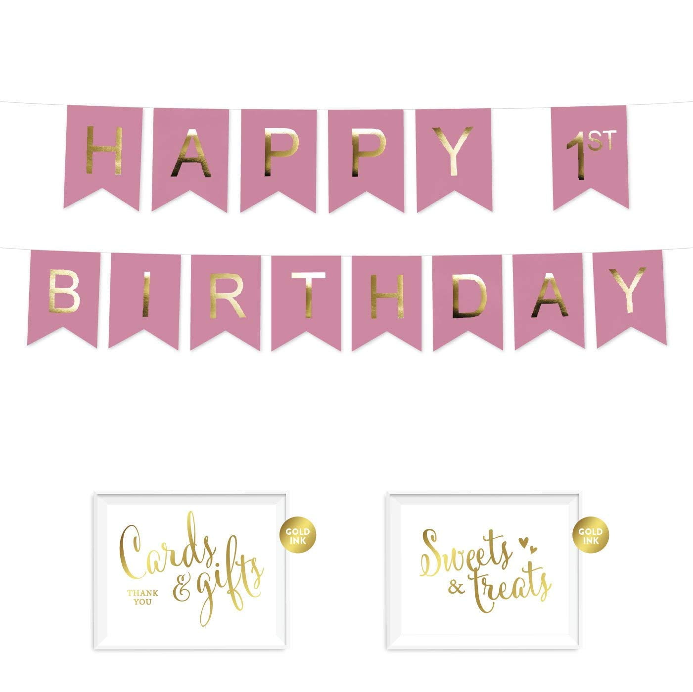 Andaz Press Shiny Gold Foil Paper Pennant Hanging Banner with Gold Party Signs, Girl's Happy 1st Birthday Pink, Pre-Strung, No Assembly Required, 1-Set